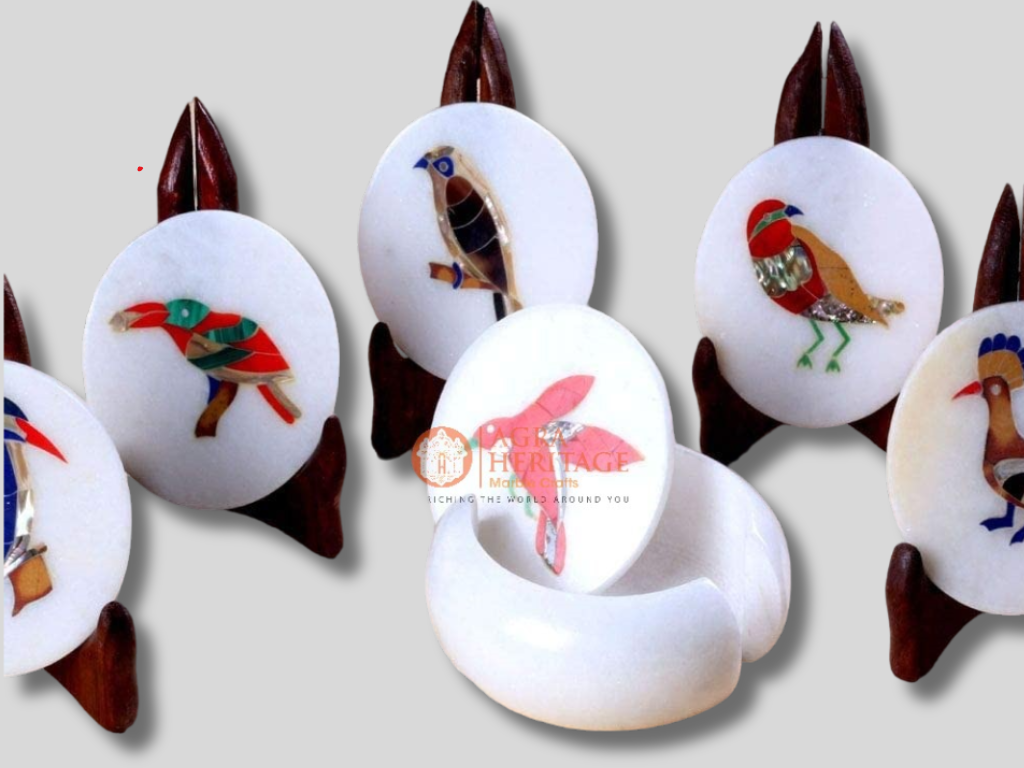 Marble Inlay Coaster Set Bird Marquetry Design